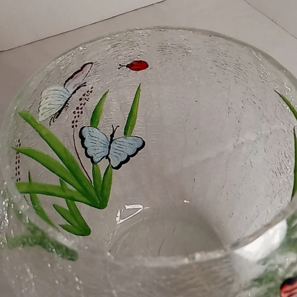 Vintage Clear Crackle Glass Cookie Jar With Hand Painted Butterflies Bugs Scene